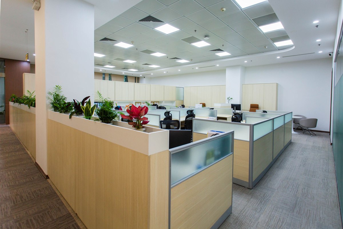 Modern open-plan office space with workspace cubicles