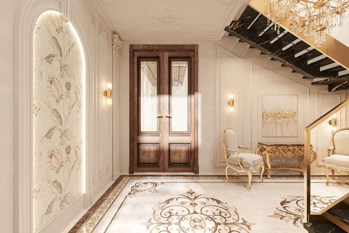 Elegant white and gold interior with marble floor and chandelier